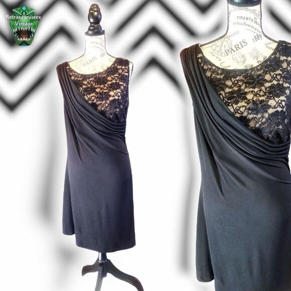 VINTAGE 1990’s Whimsygoth Stretch Nude Lace Little Black Dress, Size 14 Plus Siz - Picture 1 of 7